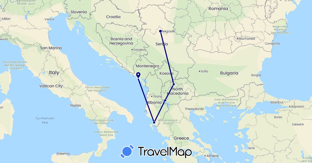 TravelMap itinerary: driving in Albania, Montenegro, Macedonia, Serbia (Europe)